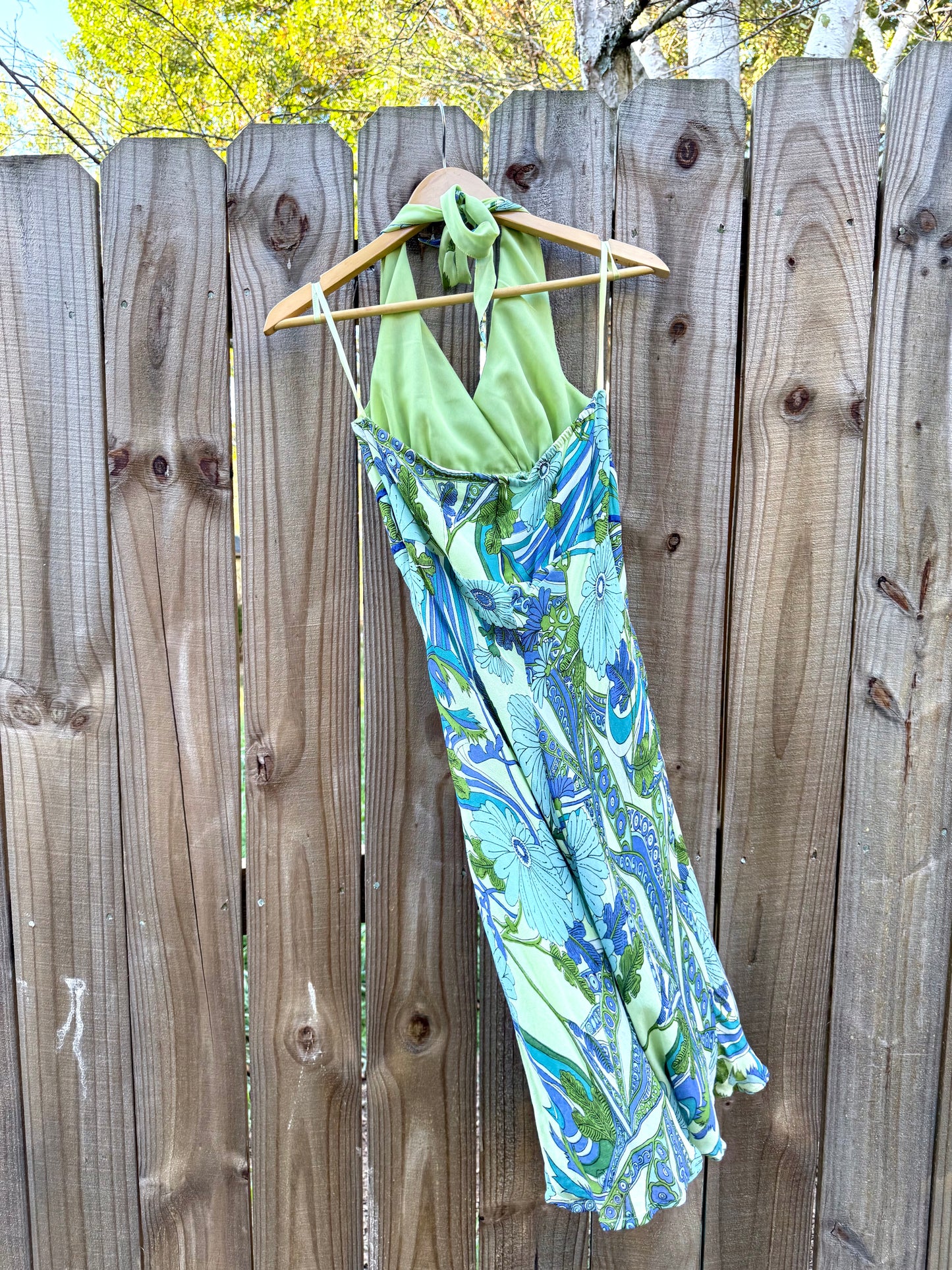 Vintage halter slip dress in lagoon blue + lime abstract floral — fits XS
