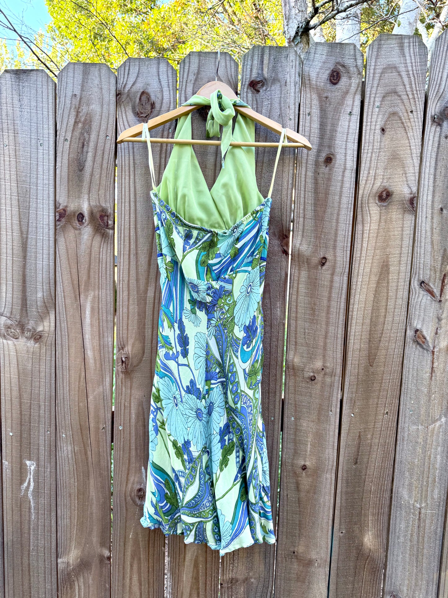 Vintage halter slip dress in lagoon blue + lime abstract floral — fits XS