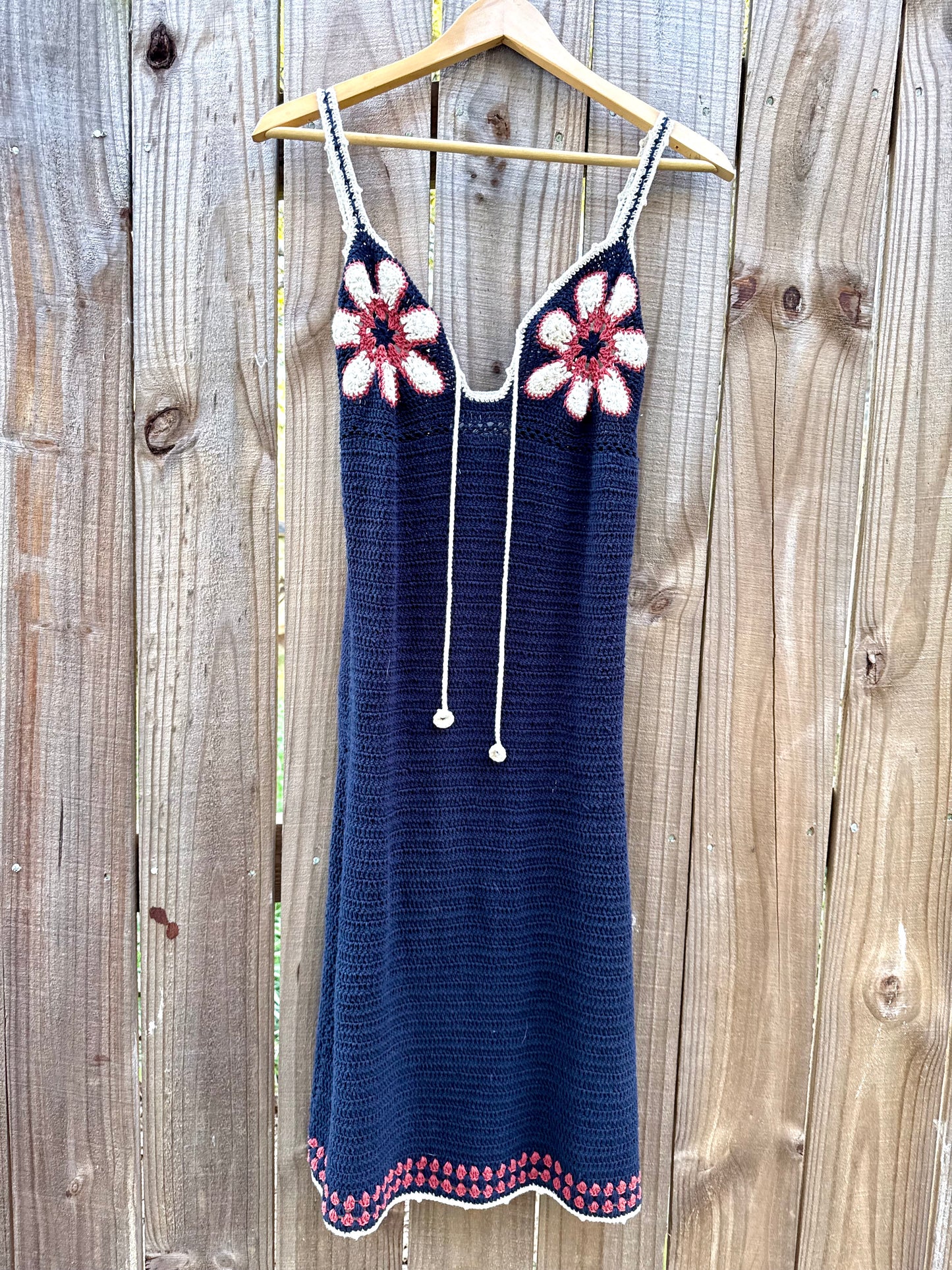 Midnight Daisy Crochet Slip — Vintage-Inspired 90s Festival Dress, Navy Handknit Crochet