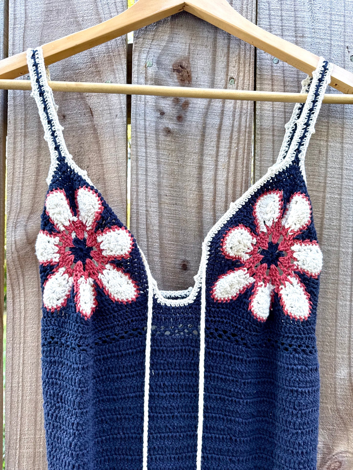 Midnight Daisy Crochet Slip — Vintage-Inspired 90s Festival Dress, Navy Handknit Crochet