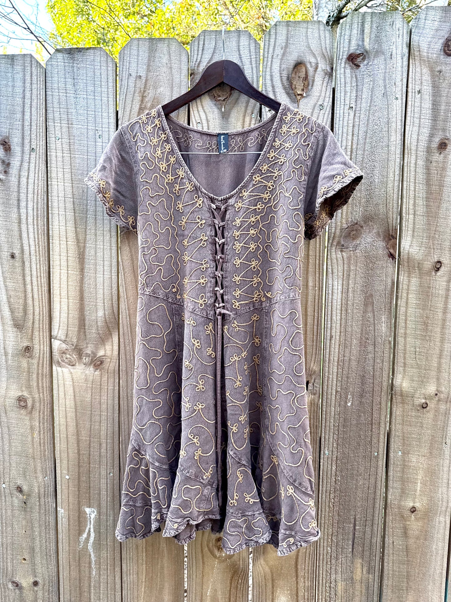 Embroidered lace-up mini dress Brown cocoa Boho Festival Forest