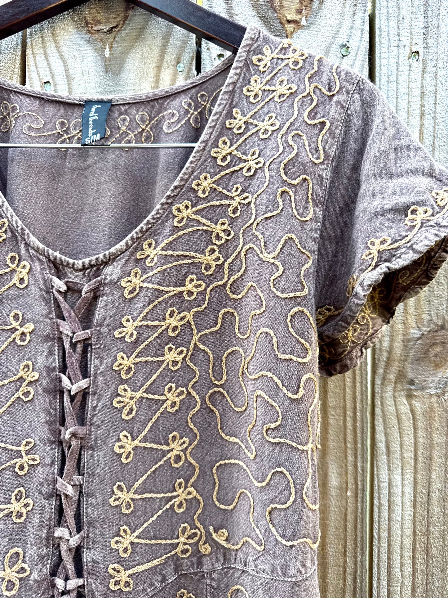 Embroidered lace-up mini dress Brown cocoa Boho Festival Forest