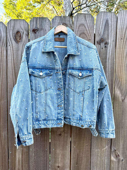 Festival Pearl-Studded Denim Jacket Coquette Girly Embellished