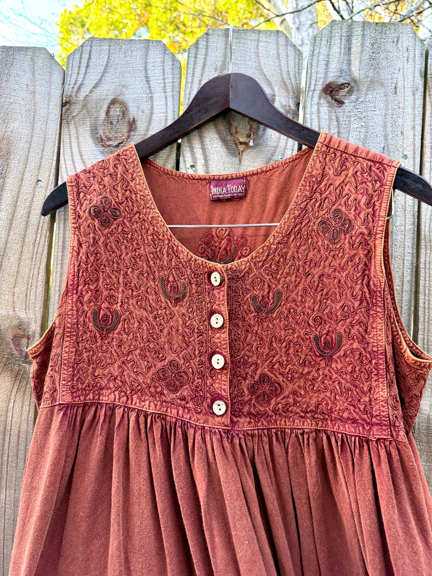 Rust Embroidered Cotton Midi — Vintage India Import / Modern Folk Dress