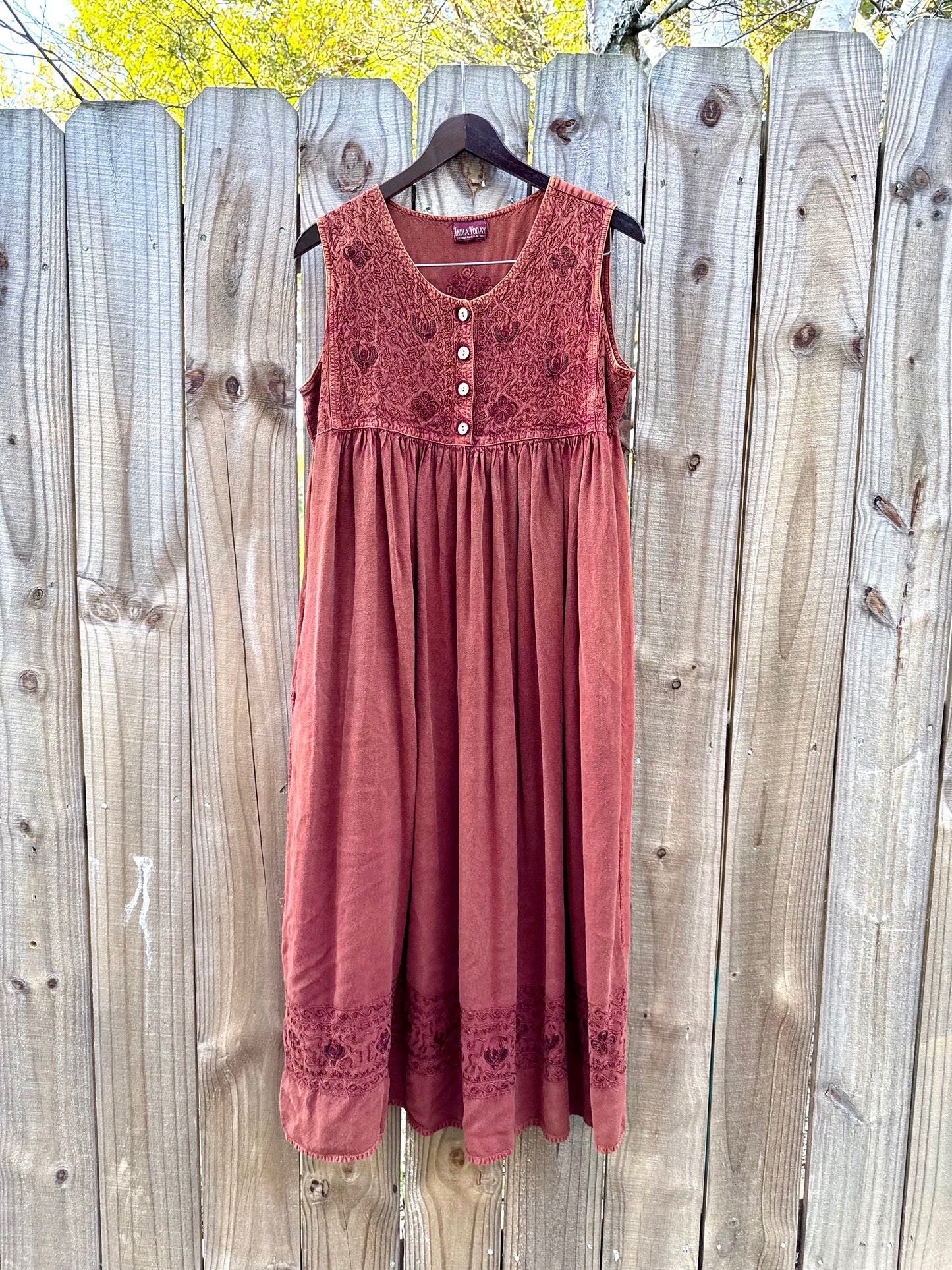 Rust Embroidered Cotton Midi — Vintage India Import / Modern Folk Dress