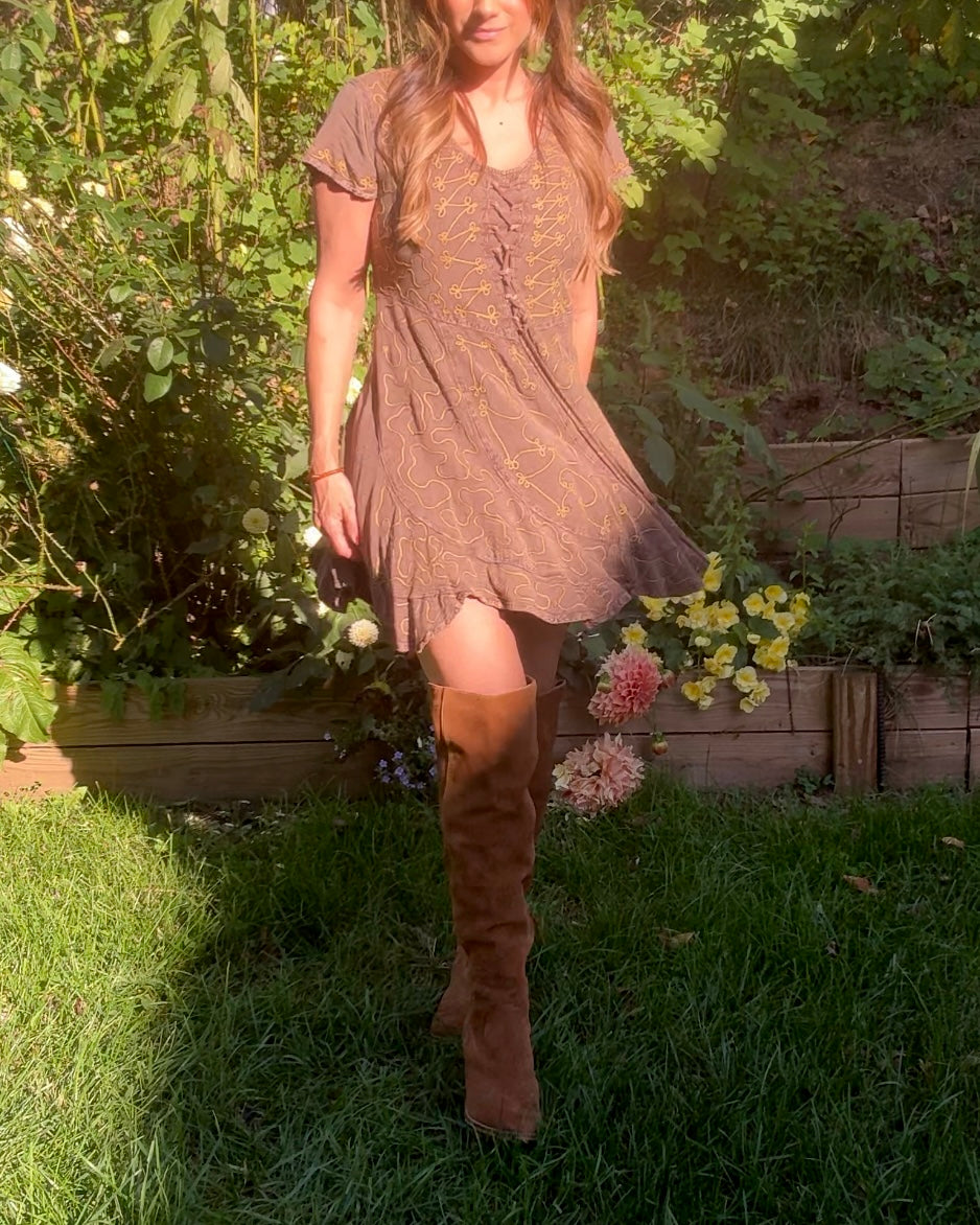 Embroidered lace-up mini dress Brown cocoa Boho Festival Forest