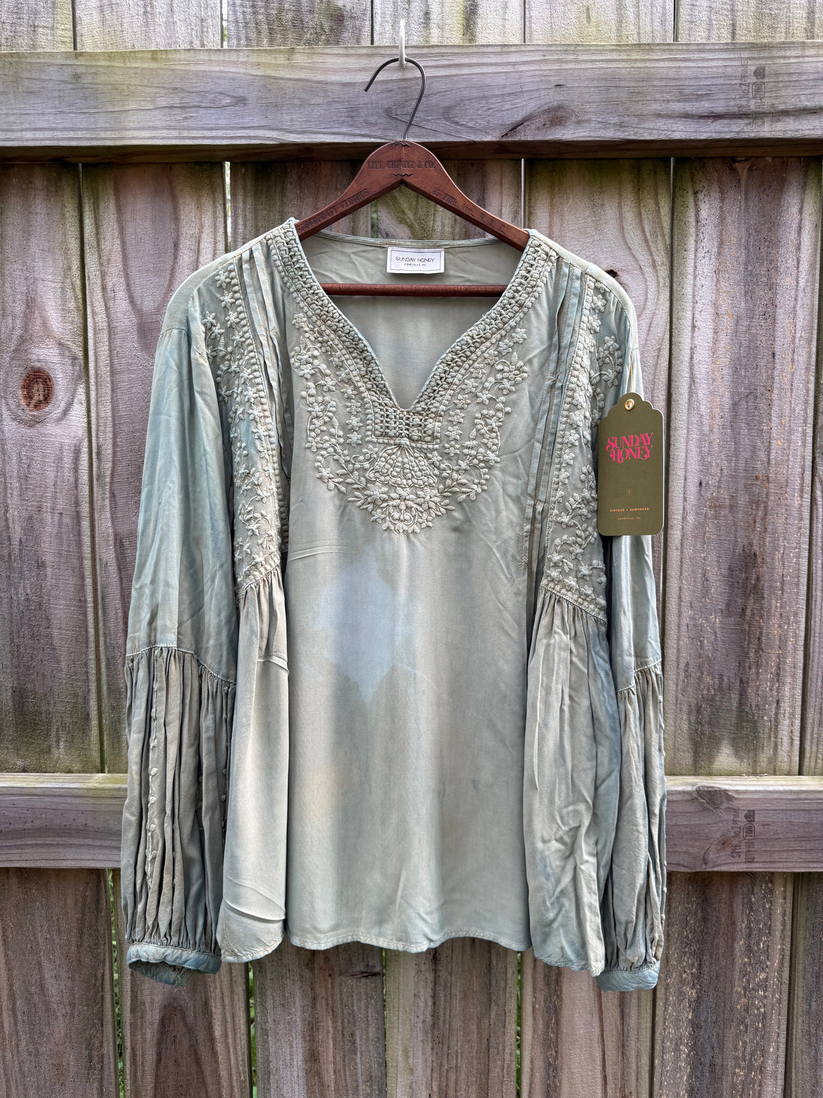 Hand-Dyed Sage Embroidered Bell-Sleeve Blouse