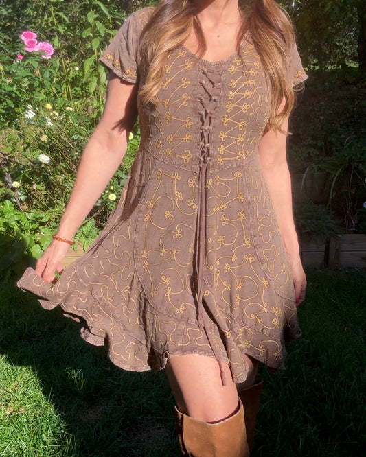 Embroidered lace-up mini dress Brown cocoa Boho Festival Forest