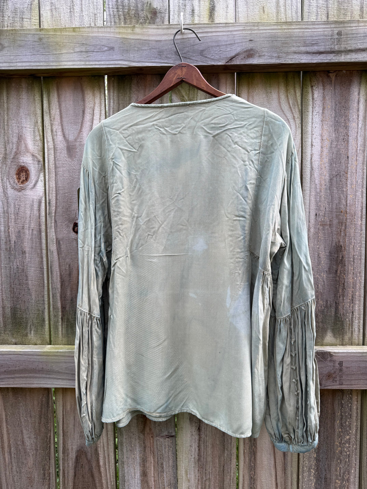 Hand-Dyed Sage Embroidered Bell-Sleeve Blouse