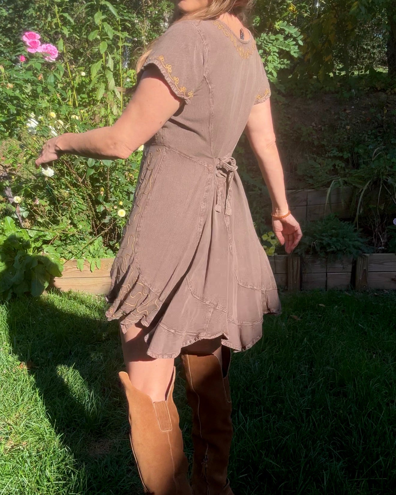 Embroidered lace-up mini dress Brown cocoa Boho Festival Forest