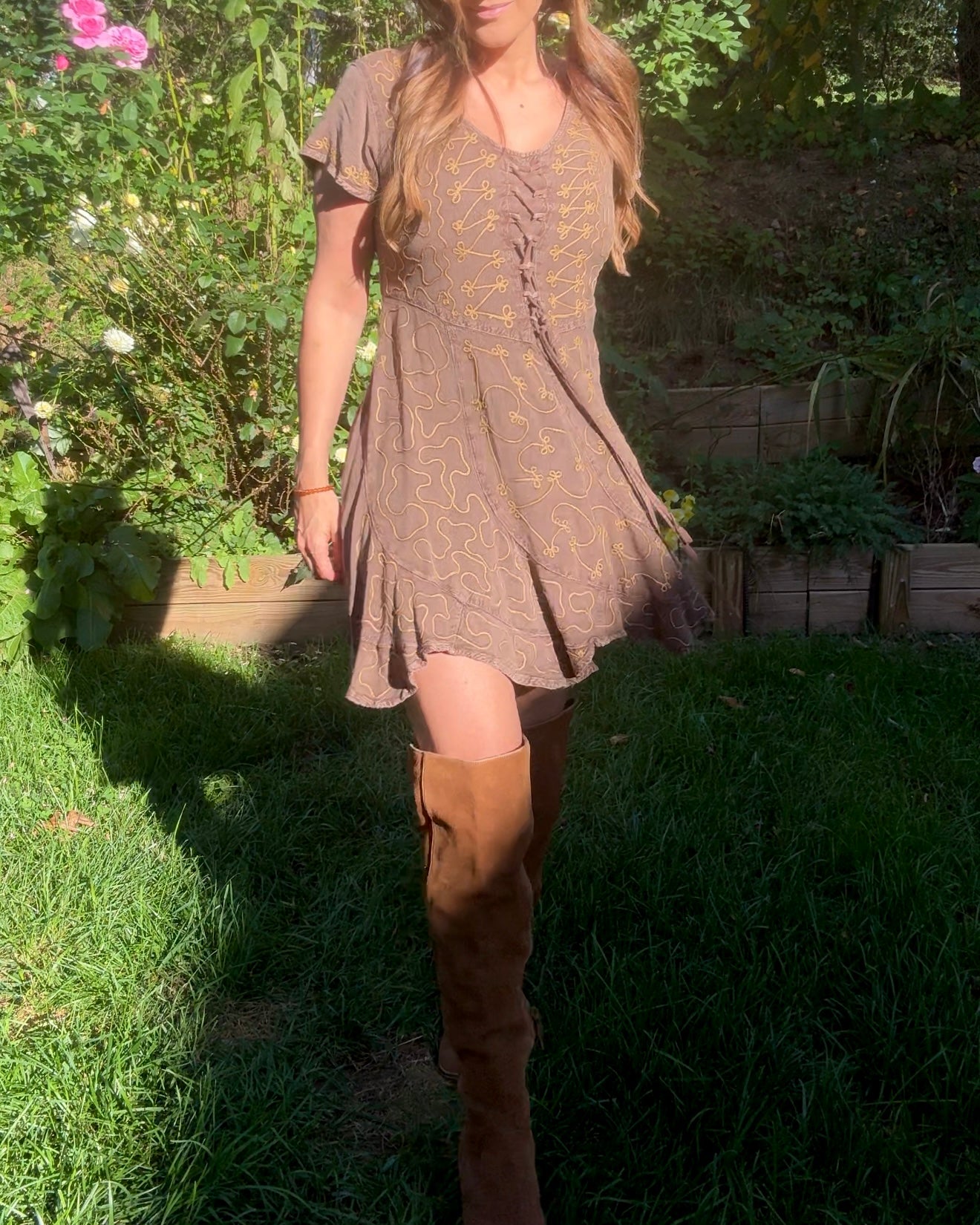 Embroidered lace-up mini dress Brown cocoa Boho Festival Forest