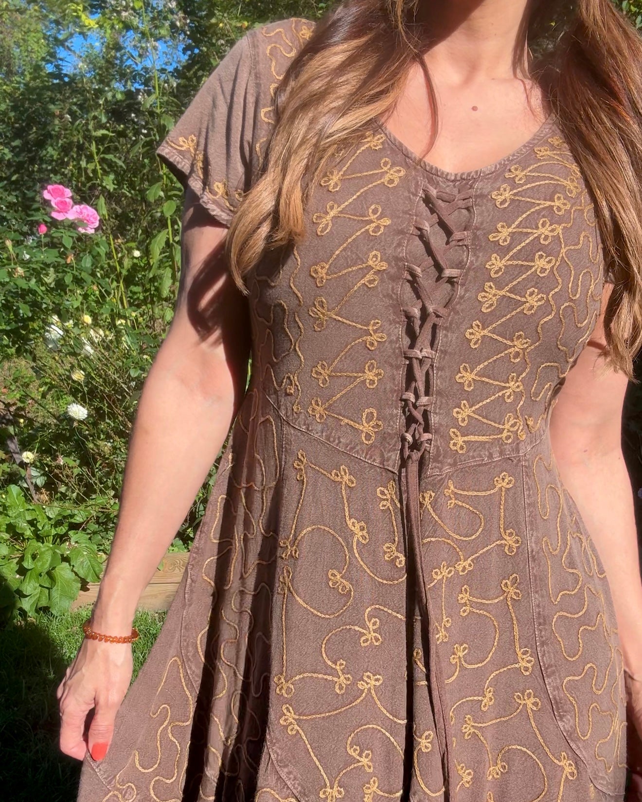 Embroidered lace-up mini dress Brown cocoa Boho Festival Forest
