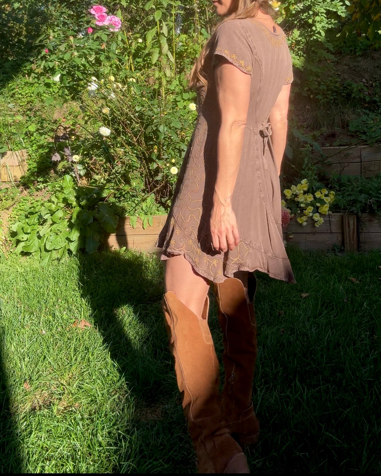 Embroidered lace-up mini dress Brown cocoa Boho Festival Forest