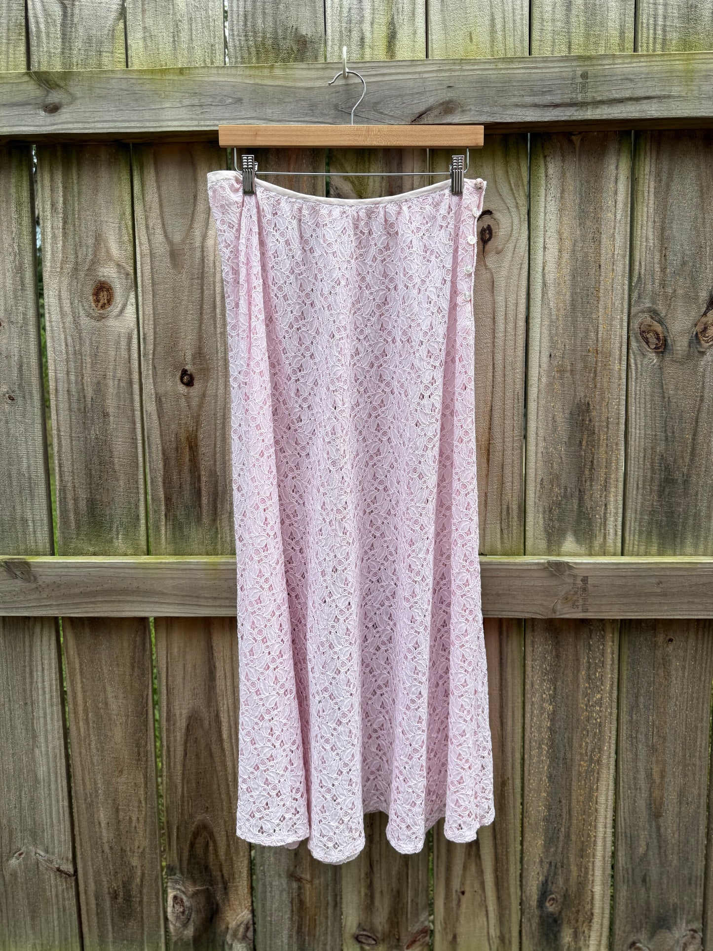 Sunday Honey One-of-One Hand-Dyed Blush Pink Sheer Lace Maxi Skirt