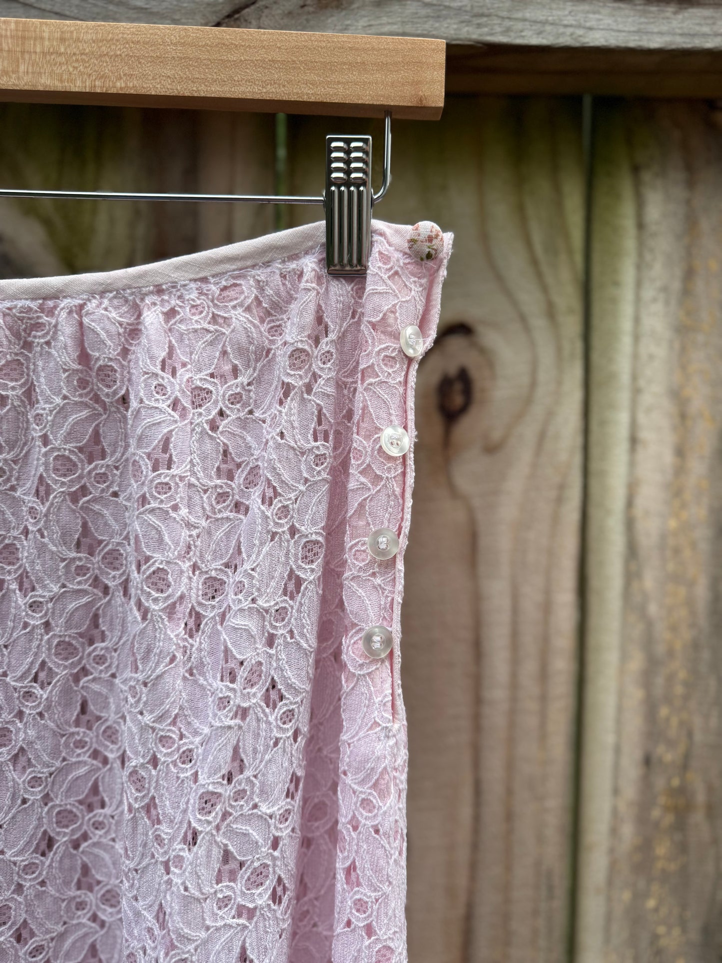 Sunday Honey One-of-One Hand-Dyed Blush Pink Sheer Lace Maxi Skirt