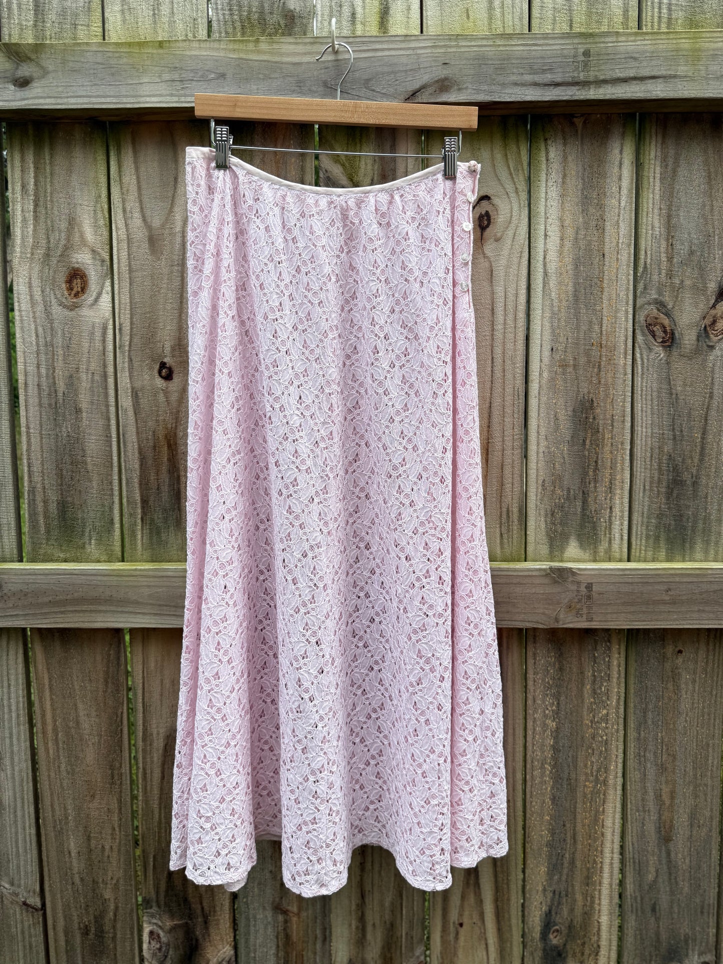 Sunday Honey One-of-One Hand-Dyed Blush Pink Sheer Lace Maxi Skirt