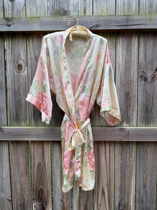 Vintage Pastel Floral Satin Painterly Robe