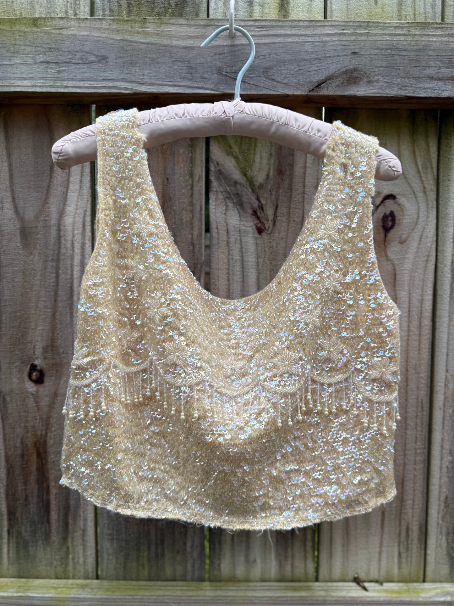 Vintage Hand-Reworked Beaded Pearl Fringe Sequin Crop Top