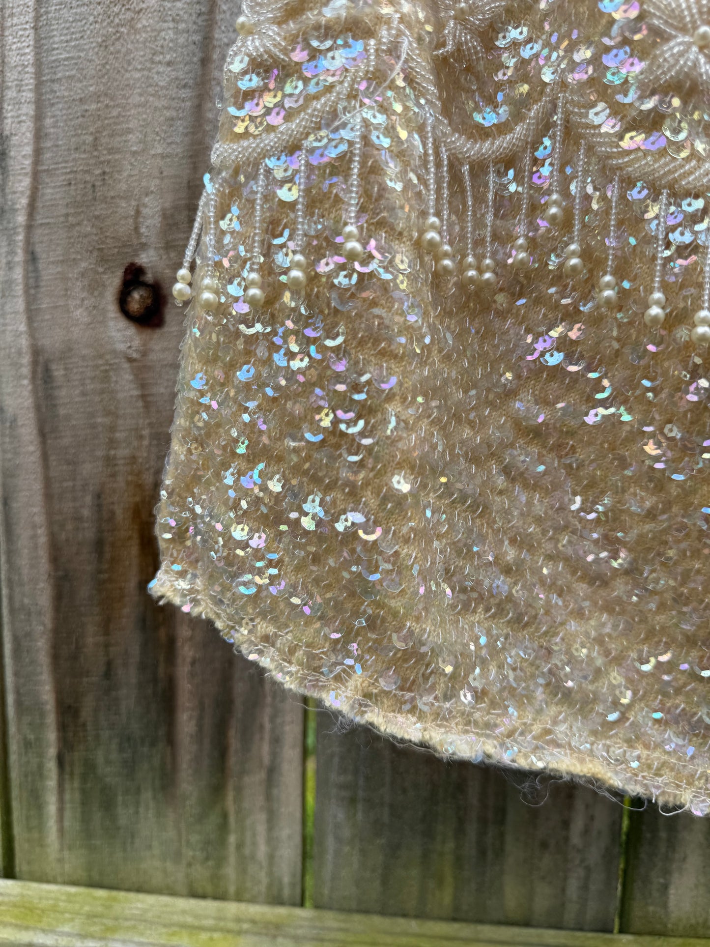 Vintage Hand-Reworked Beaded Pearl Fringe Sequin Crop Top