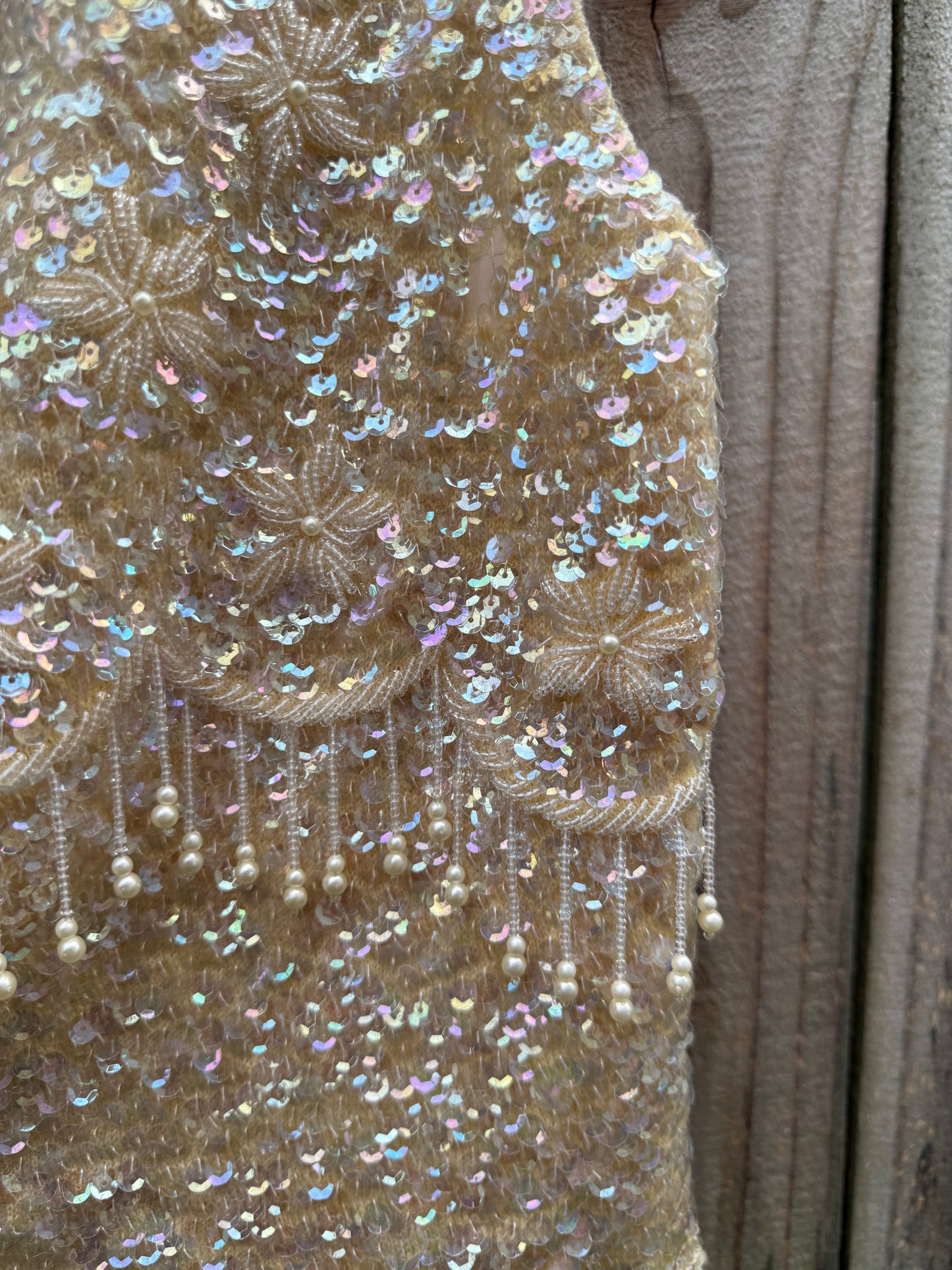 Vintage Hand-Reworked Beaded Pearl Fringe Sequin Crop Top