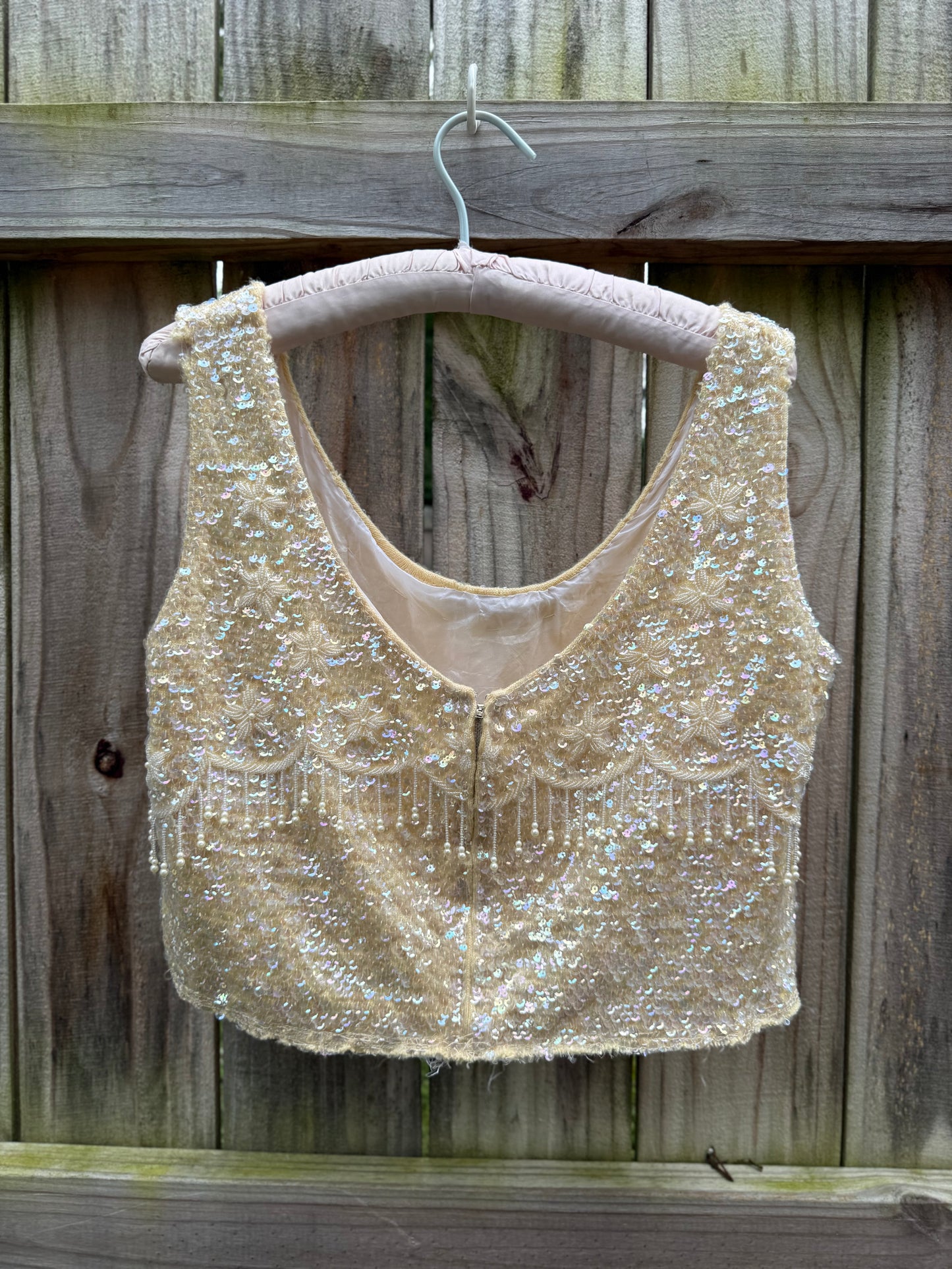 Vintage Hand-Reworked Beaded Pearl Fringe Sequin Crop Top