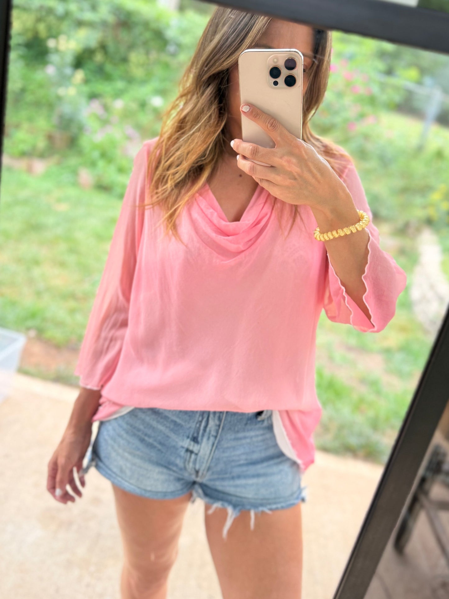 Hand Dyed Silk Cowl Neck Pink Blouse | One of One