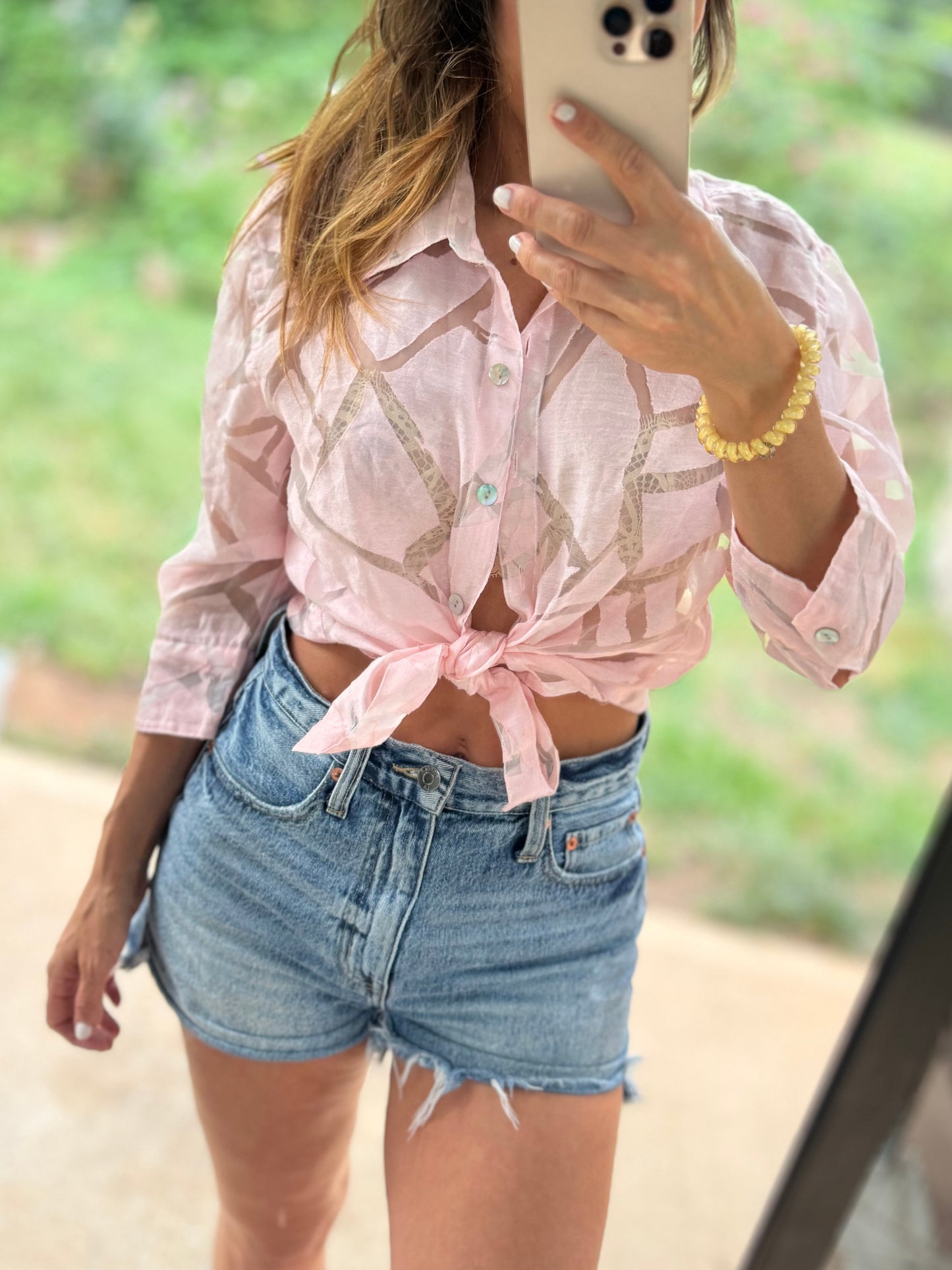 Vintage Sheer Palm Print Button-Up | Blush Pink