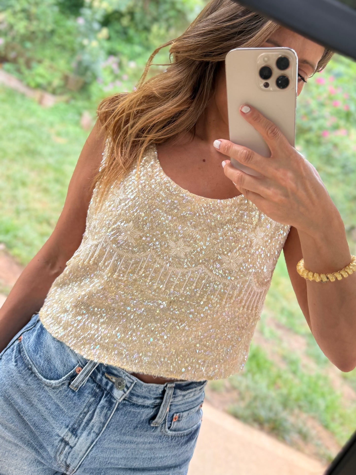 Vintage Hand-Reworked Beaded Pearl Fringe Sequin Crop Top