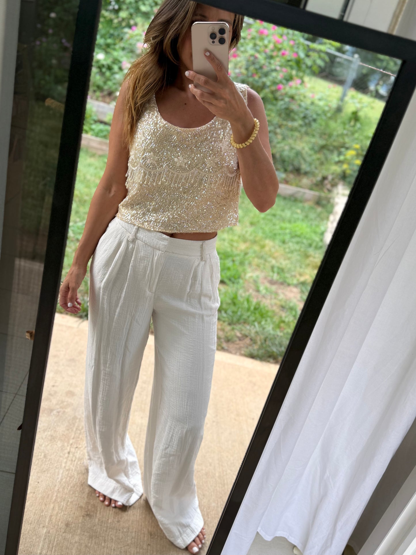 Vintage Hand-Reworked Beaded Pearl Fringe Sequin Crop Top
