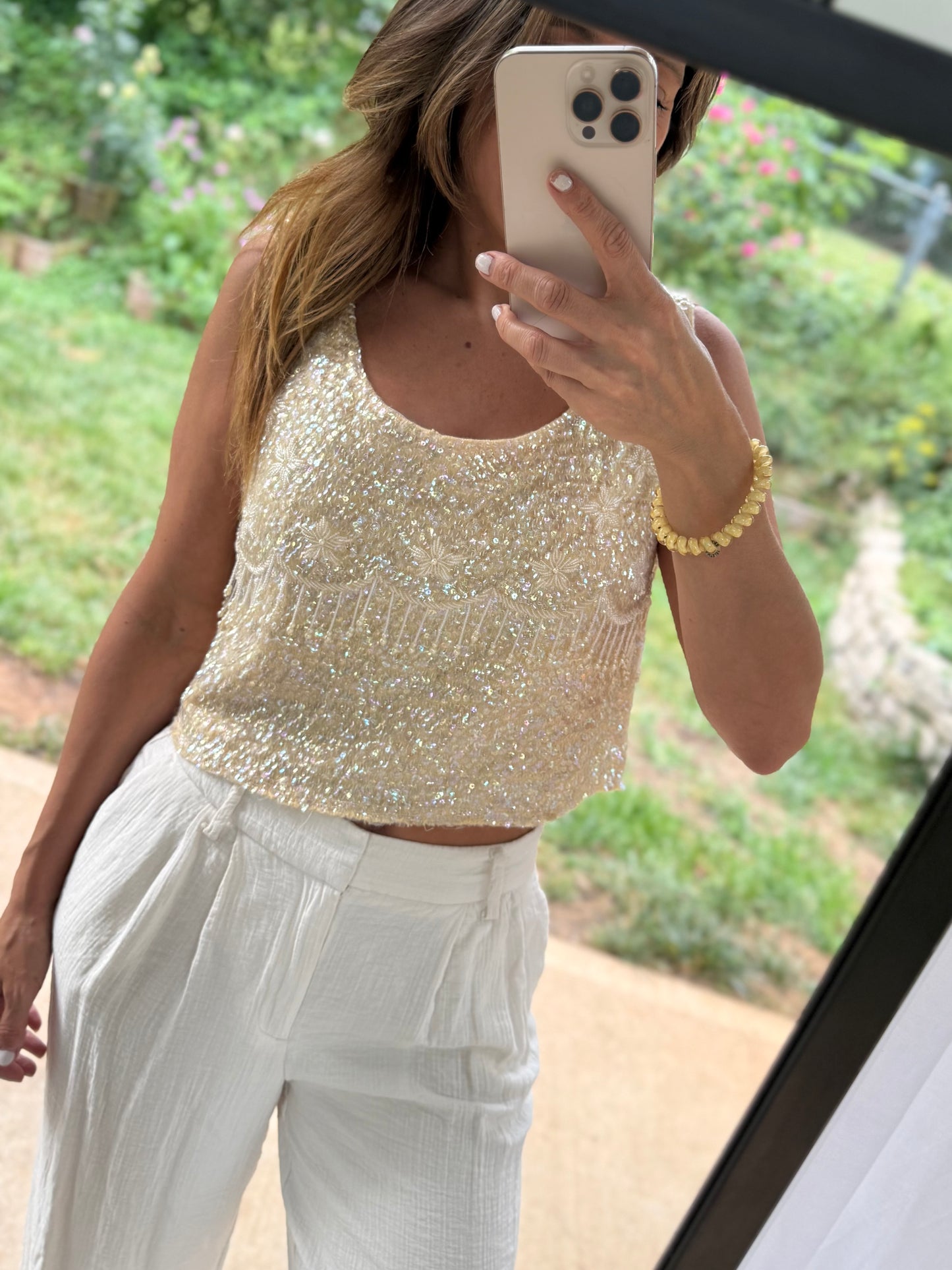 Vintage Hand-Reworked Beaded Pearl Fringe Sequin Crop Top