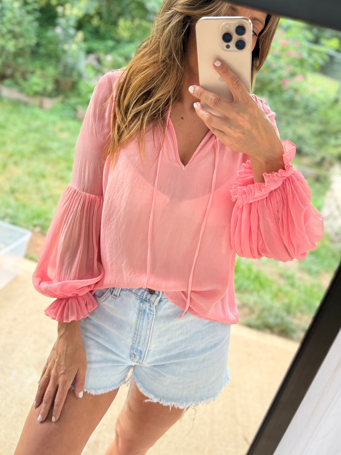 Vintage Haute Hippie Hand-Dyed Silk Blouse | Watermelon Pink