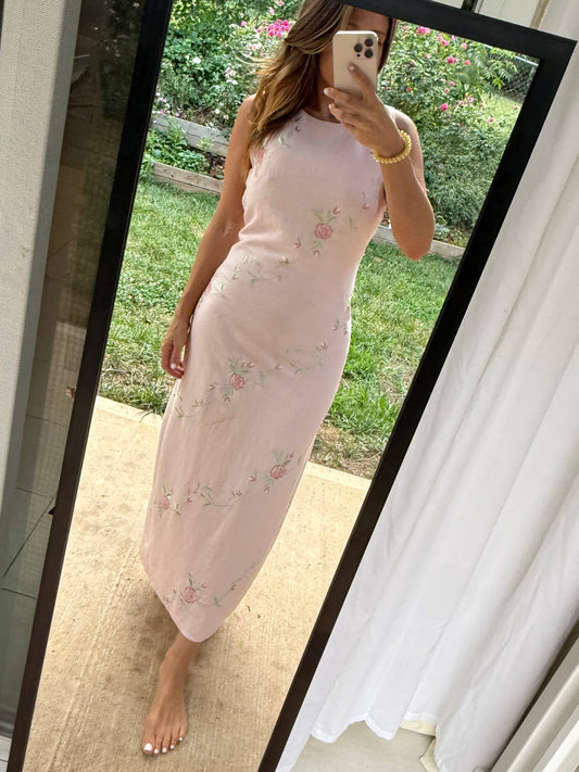 Plaza South Embroidered Rose Linen Blend Maxi Dress