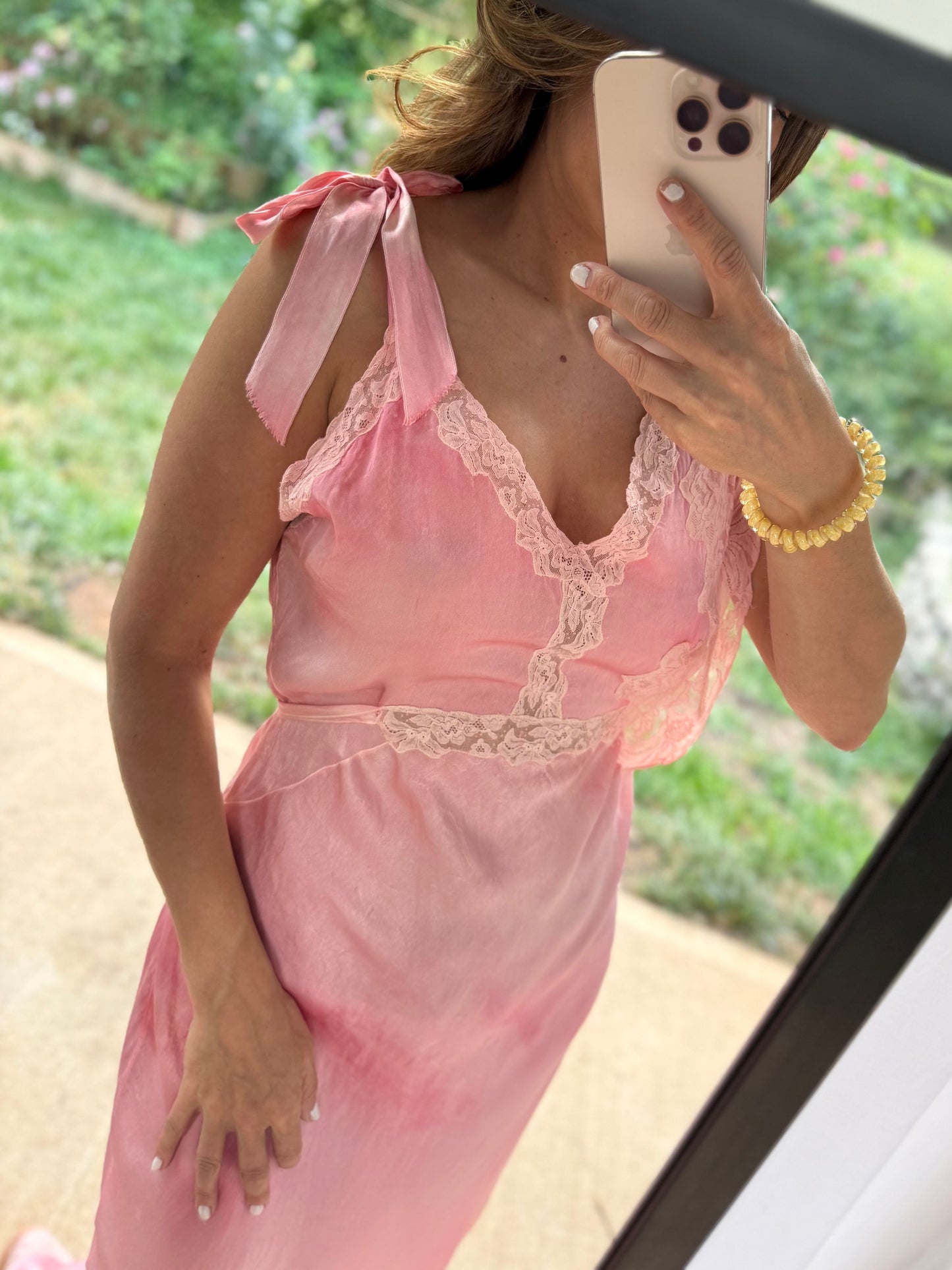 Vintage Hand Dyed Rose Pink Silk Lace Slip Dress | Estate Sale