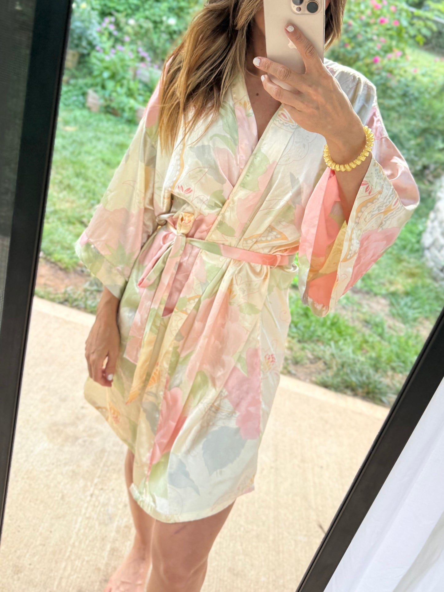 Vintage Pastel Floral Satin Painterly Robe