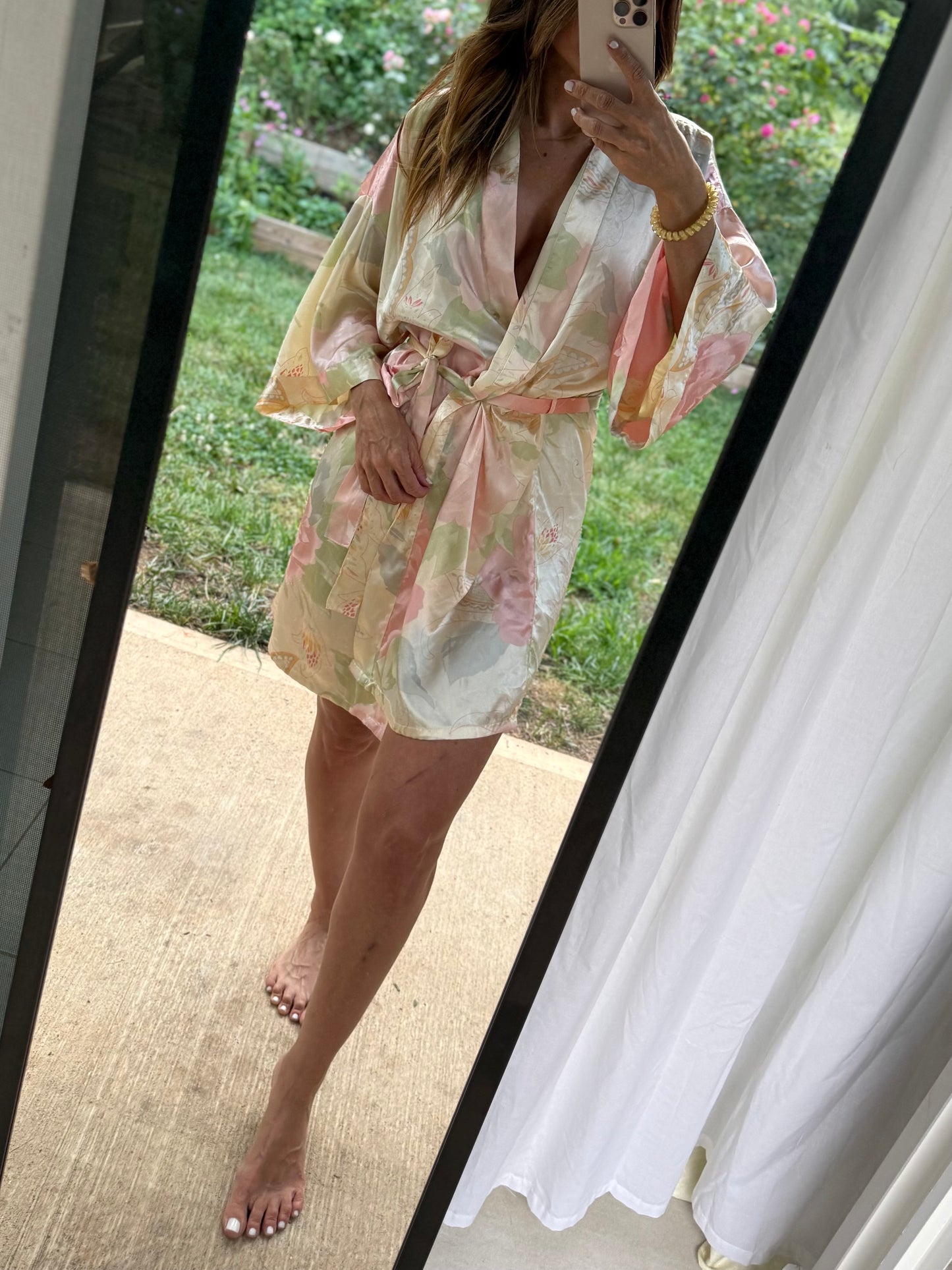 Vintage Pastel Floral Satin Painterly Robe