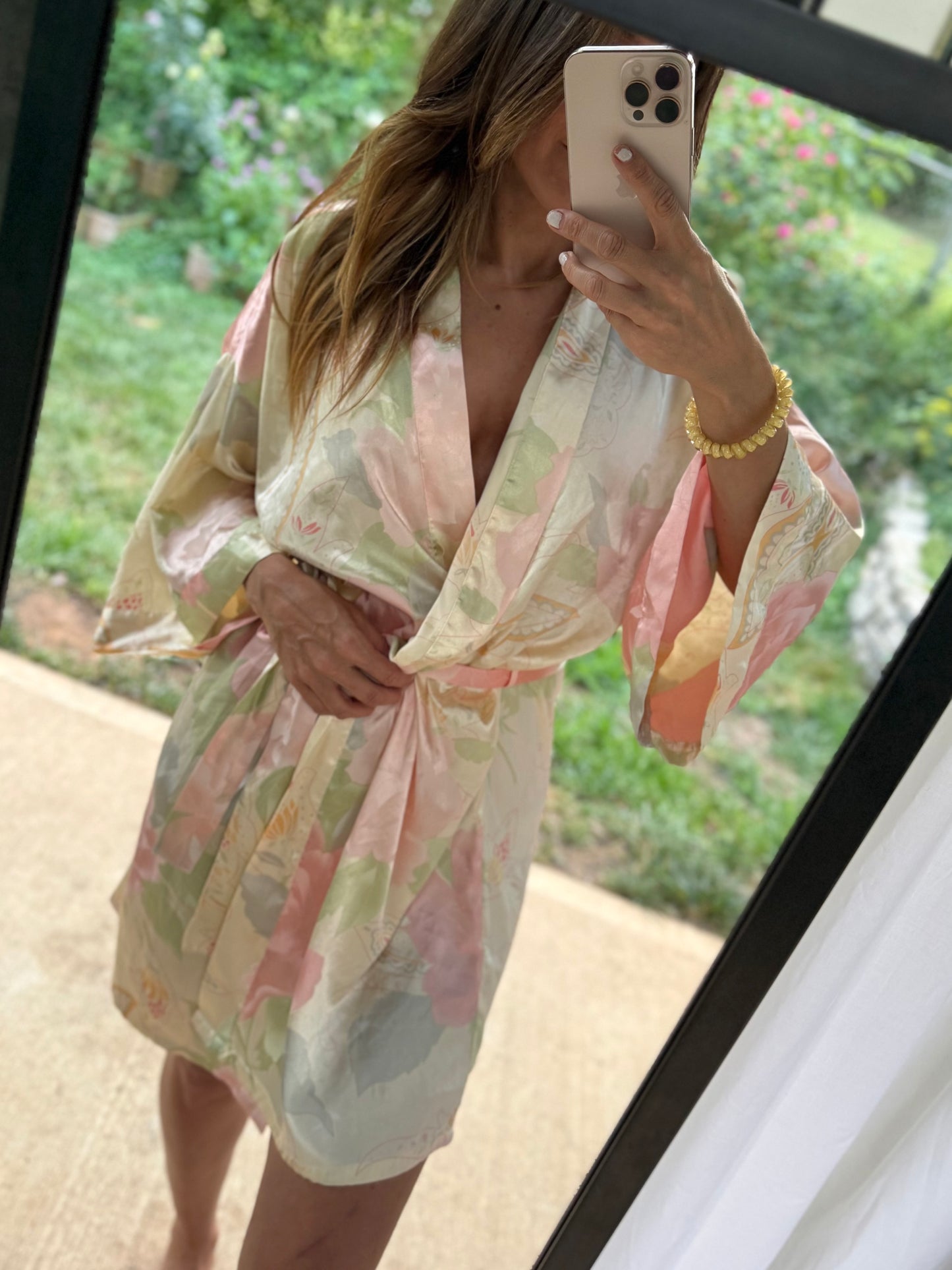 Vintage Pastel Floral Satin Painterly Robe
