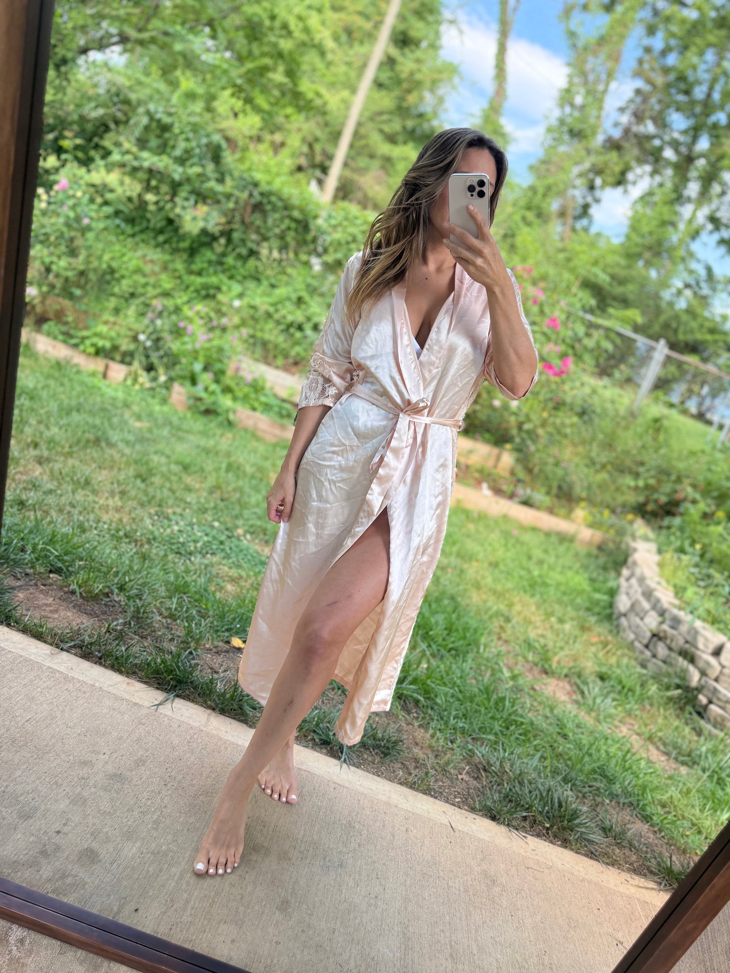 Vintage Rose Champagne Satin Lace Dressing Robe
