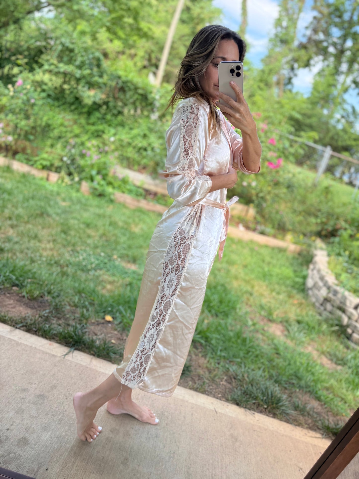 Vintage Rose Champagne Satin Lace Dressing Robe