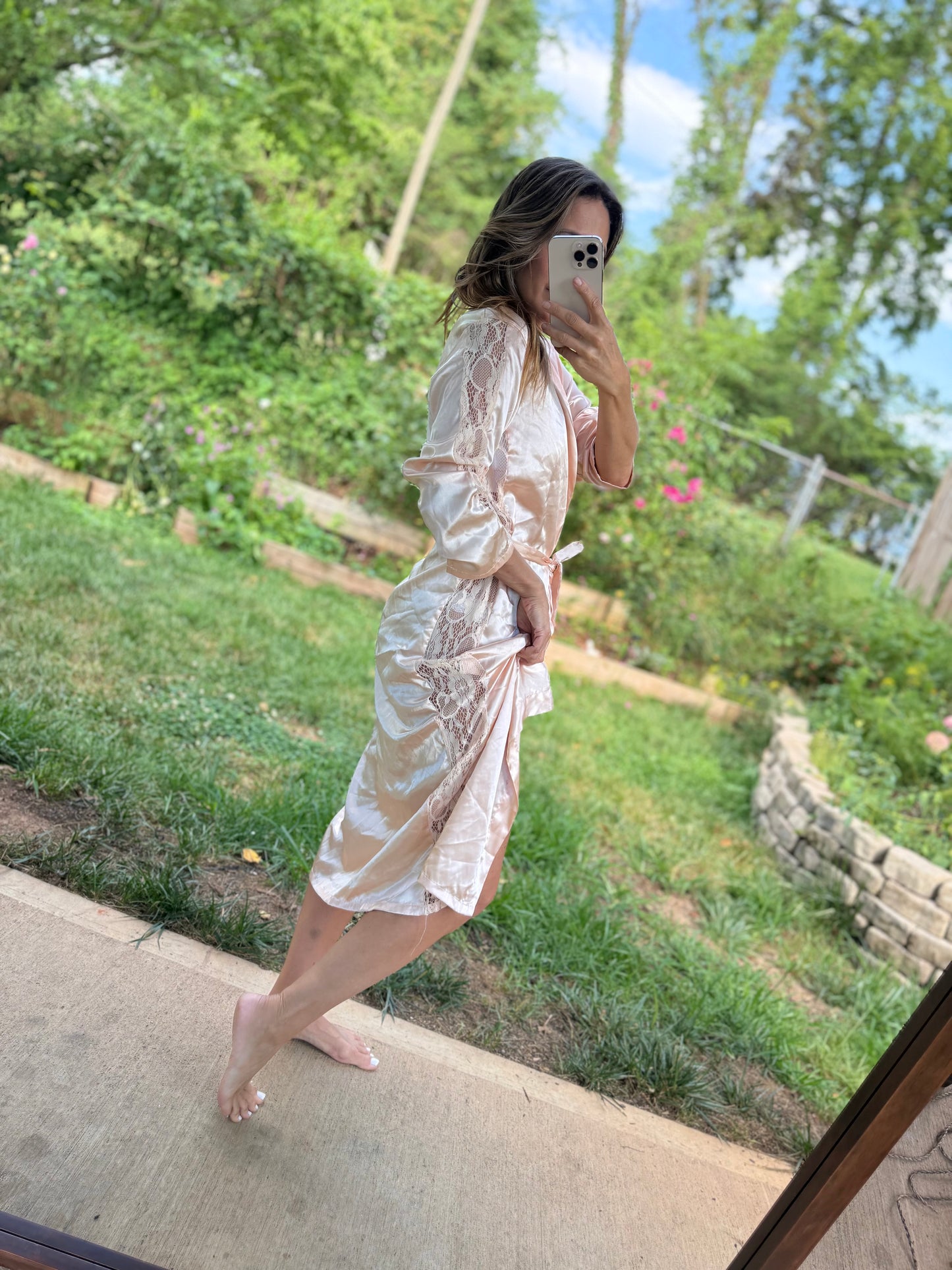Vintage Rose Champagne Satin Lace Dressing Robe
