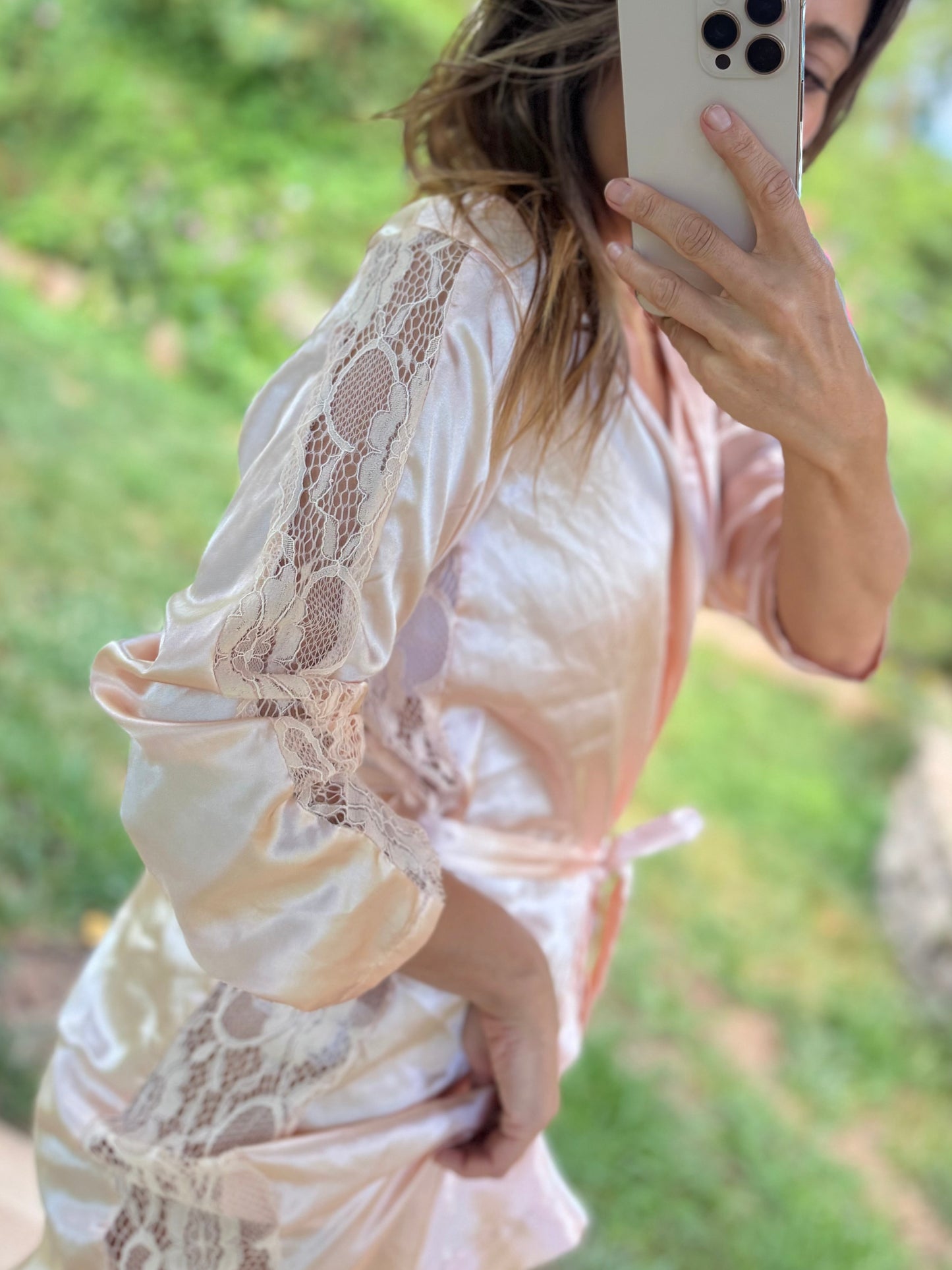 Vintage Rose Champagne Satin Lace Dressing Robe