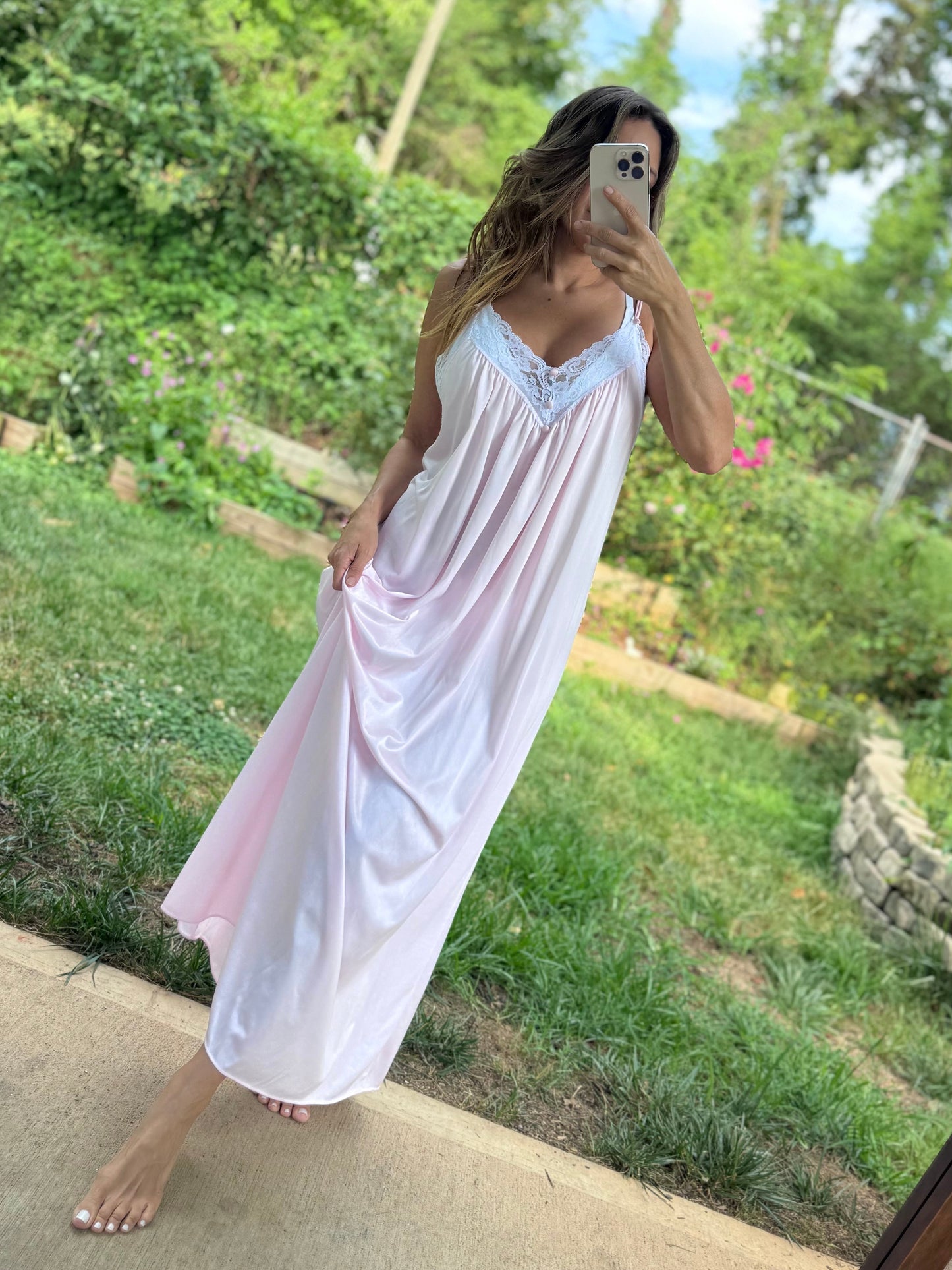 Vintage Blush Lace Maxi Nightgown