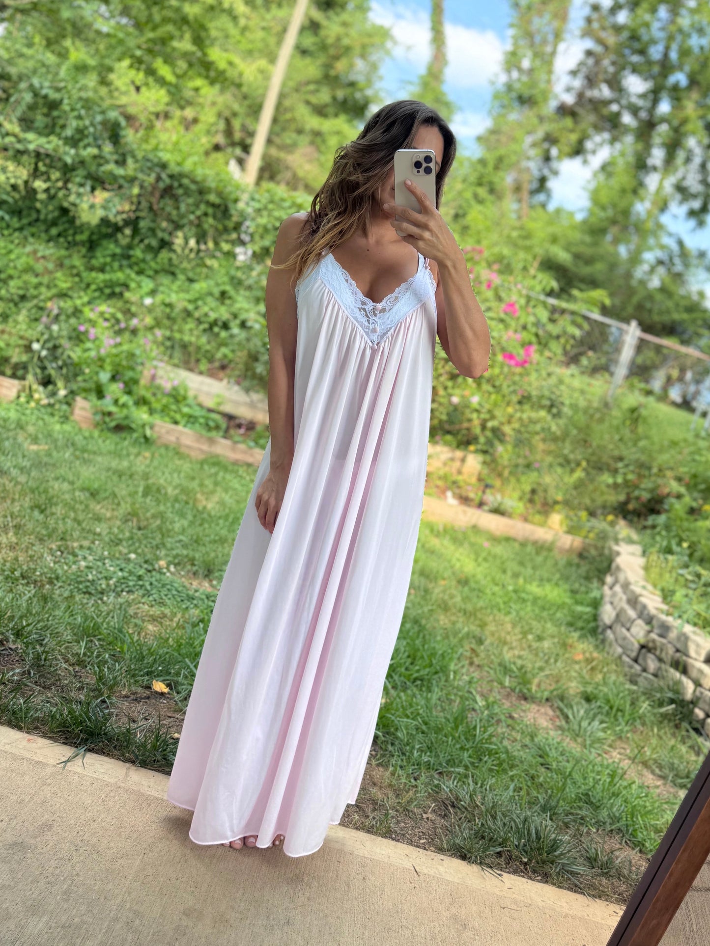 Vintage Blush Lace Maxi Nightgown