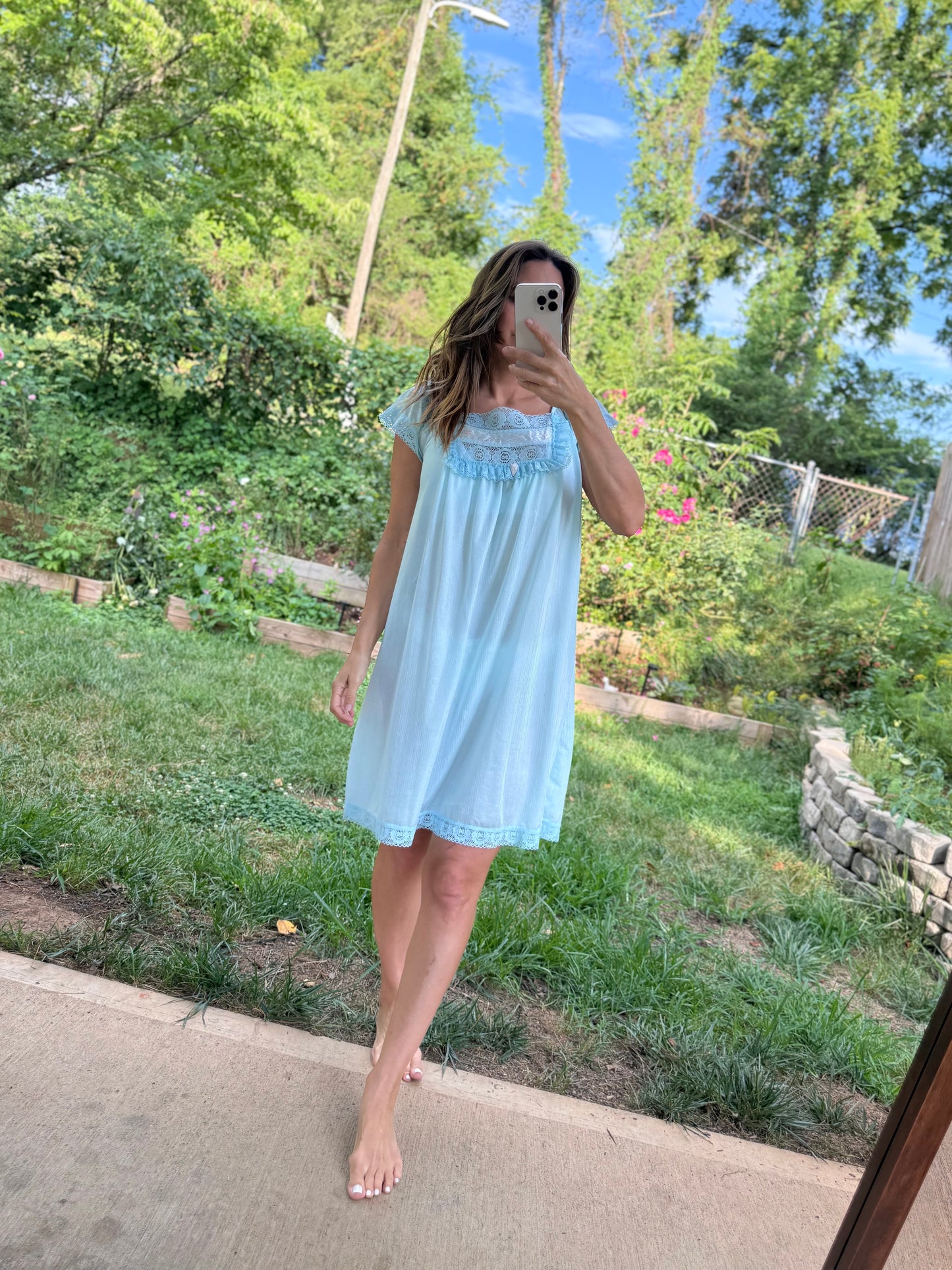 Vintage Aqua Lace Embroidered Nightgown Coquette