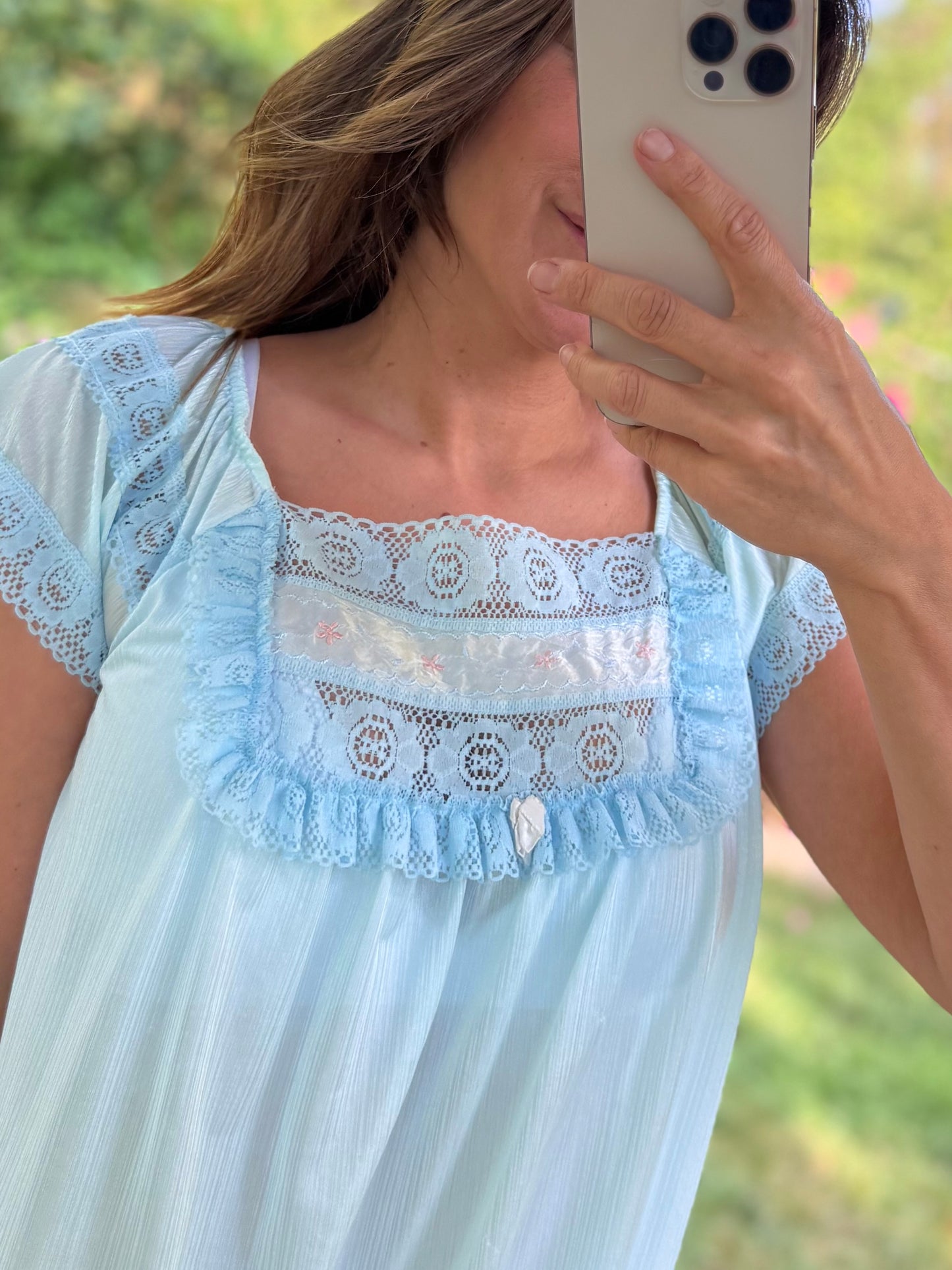 Vintage Aqua Lace Embroidered Nightgown Coquette