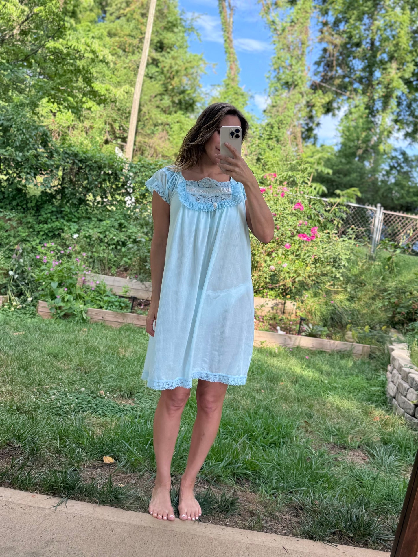 Vintage Aqua Lace Embroidered Nightgown Coquette