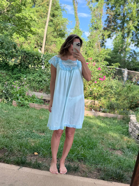 Vintage Aqua Lace Embroidered Nightgown Coquette
