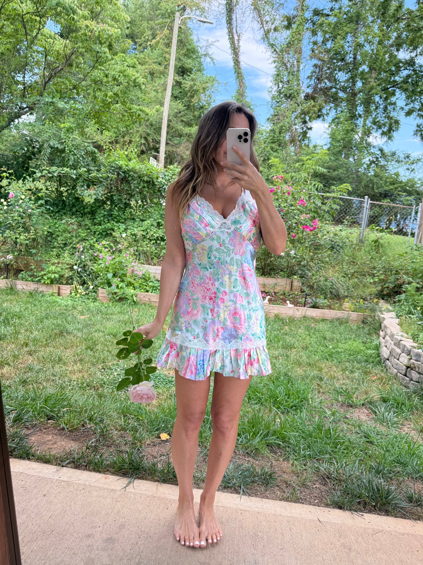 Vintage Watercolor Floral Satin Slip 90s