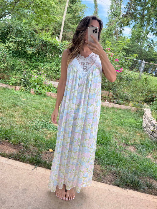 Vintage Vassarette Pastel Floral Lace Nightgown | Sheer Maxi Slip