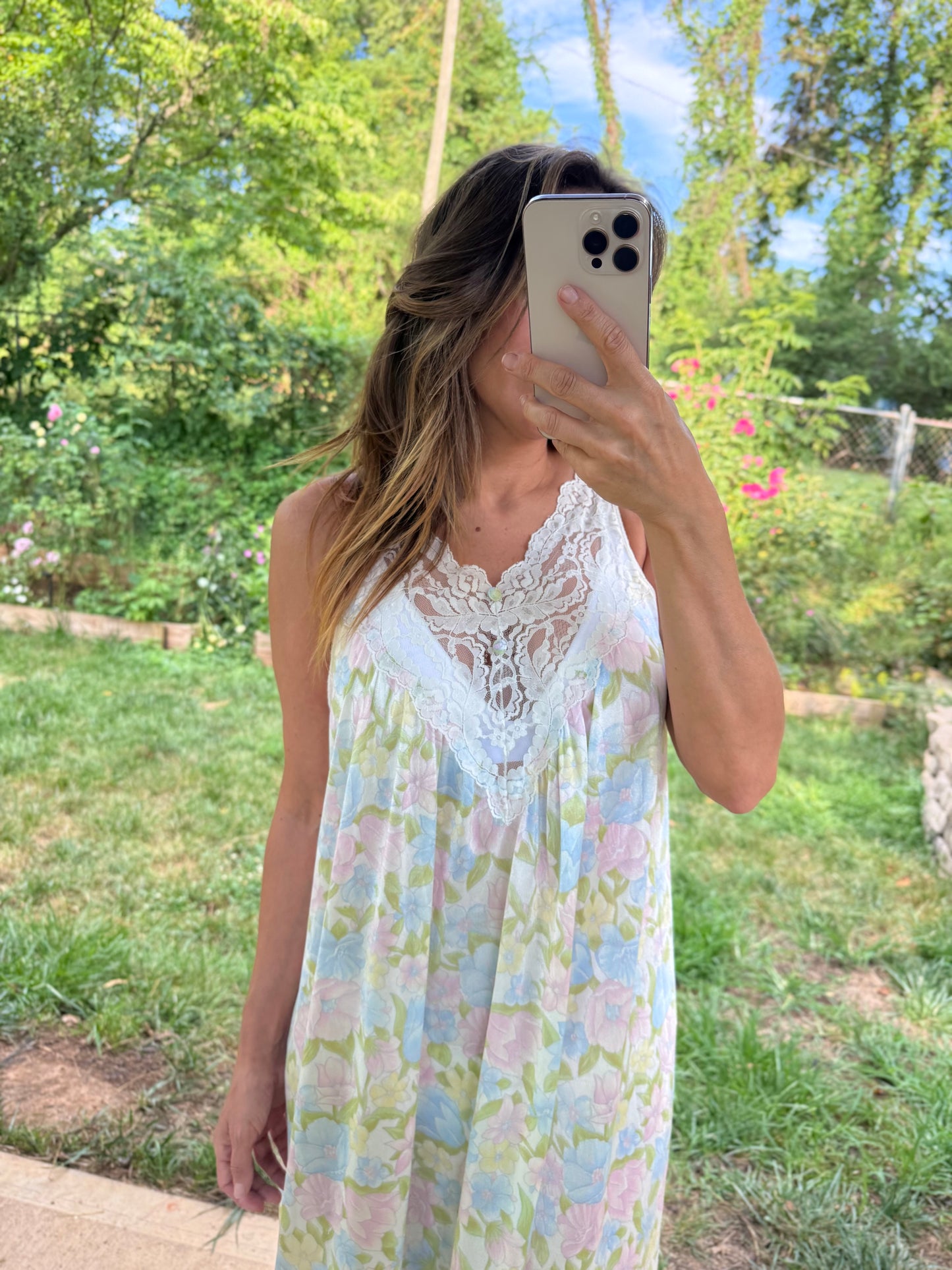 Vintage Vassarette Pastel Floral Lace Nightgown | Sheer Maxi Slip