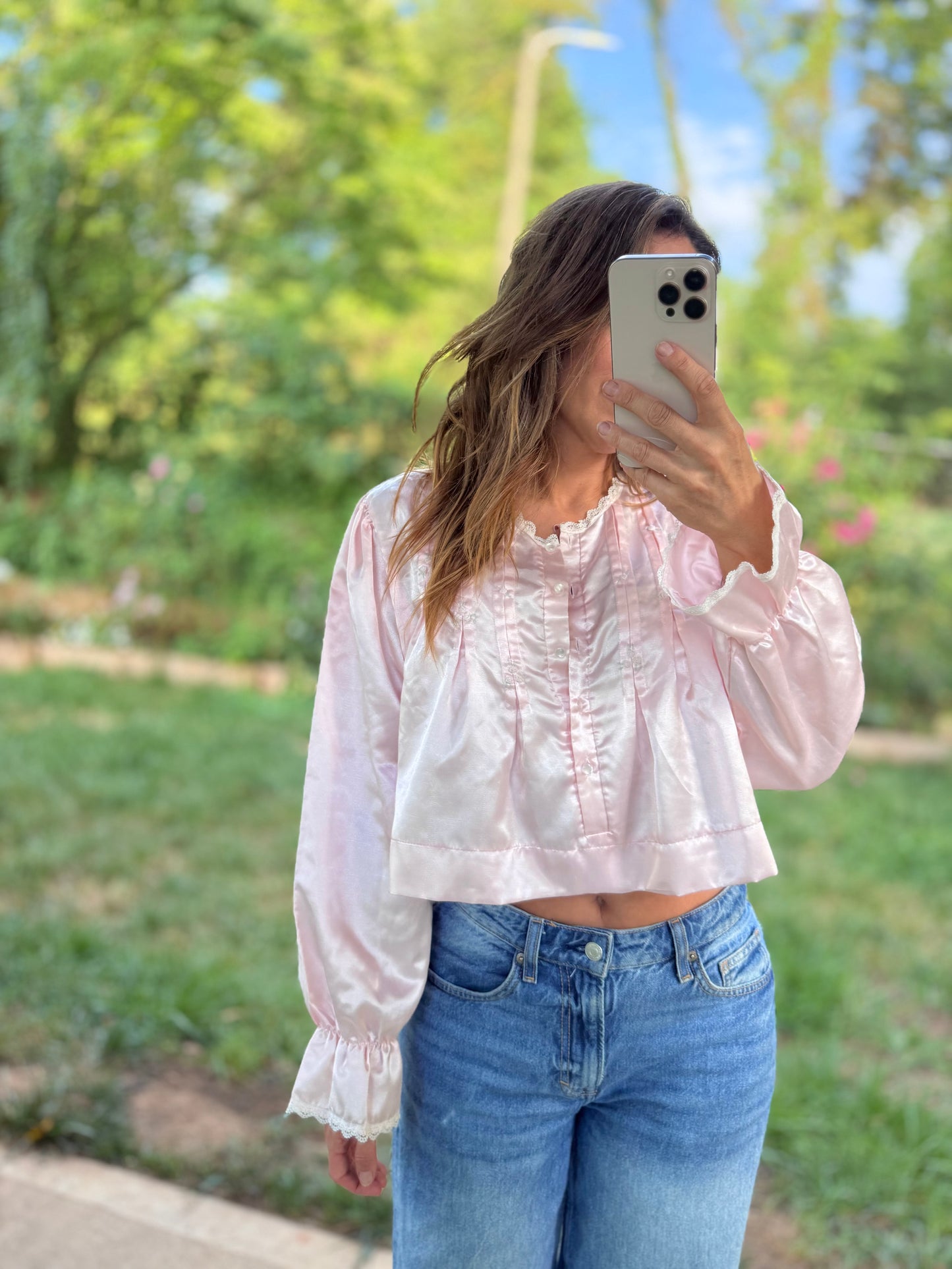 Vintage Reworked Satin Embroidered Crop Top